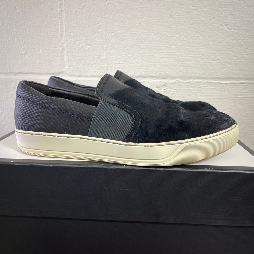 Lanvin Pony Hair Canvas Casual Slip On Black Low Top Sneakers Men's Size 7 US
